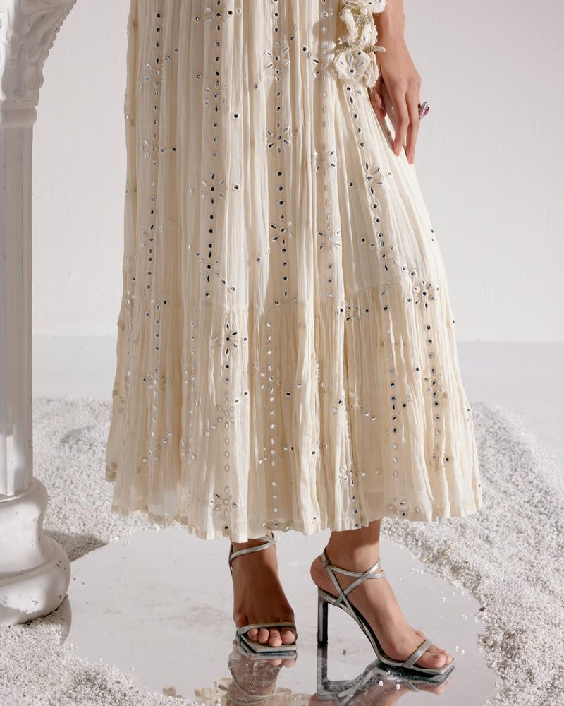 Off White Big Flower Angrakha With Embroidered Dupatta