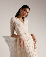 Off White Big Flower Angrakha With Embroidered Dupatta