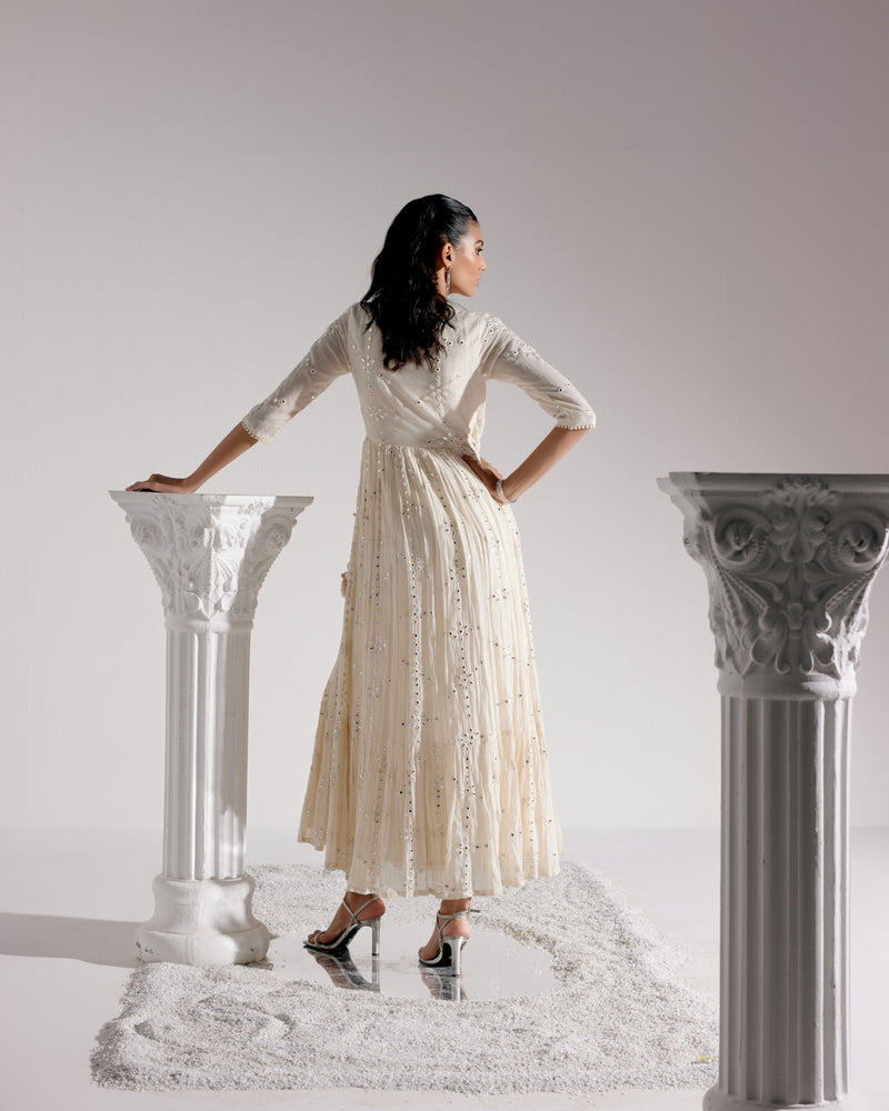Off White Big Flower Angrakha With Embroidered Dupatta
