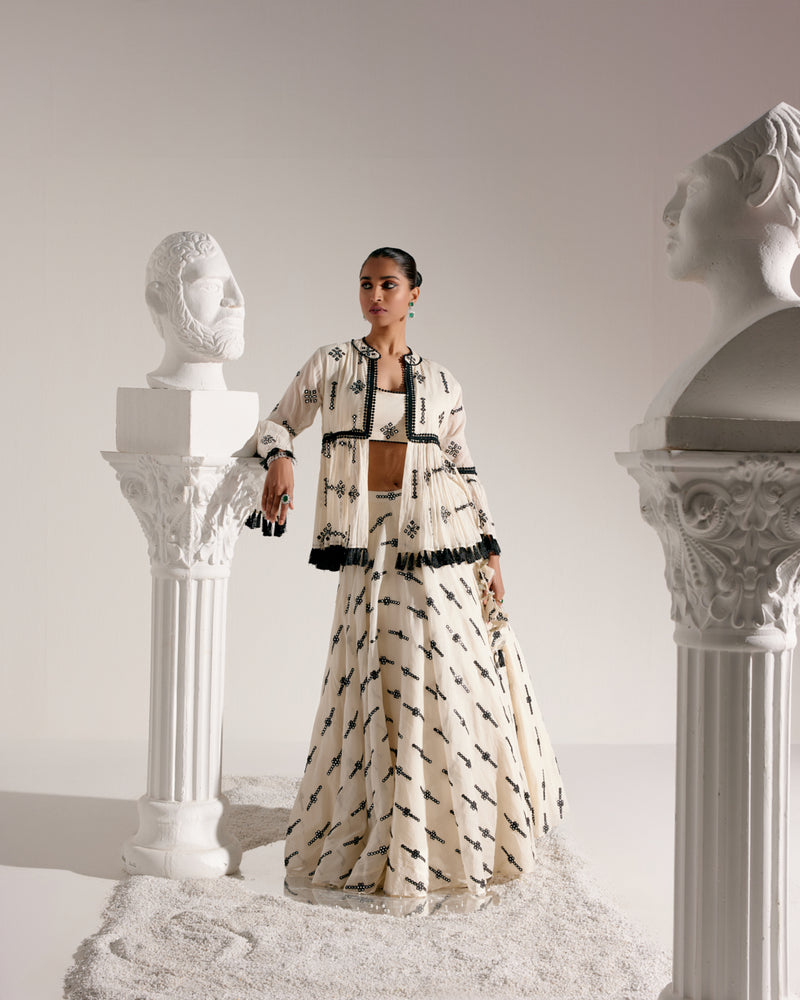 Black & White Center Square Lehenga with Embroidered Tassel Jacket