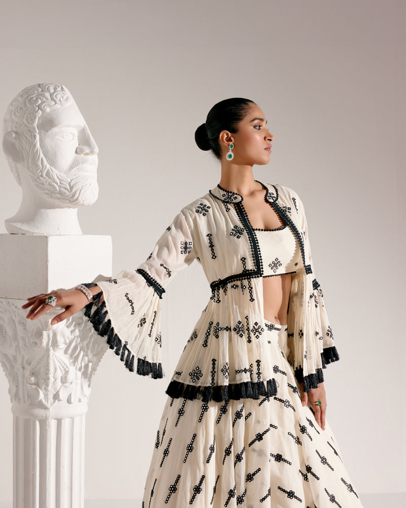 Black & White Center Square Lehenga with Embroidered Tassel Jacket