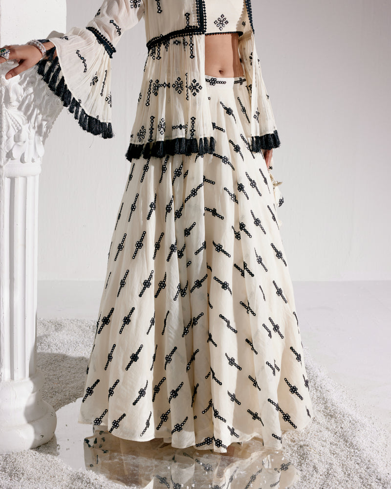 Black & White Center Square Lehenga with Embroidered Tassel Jacket