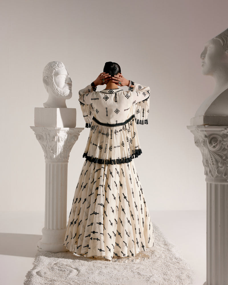 Black & White Center Square Lehenga with Embroidered Tassel Jacket