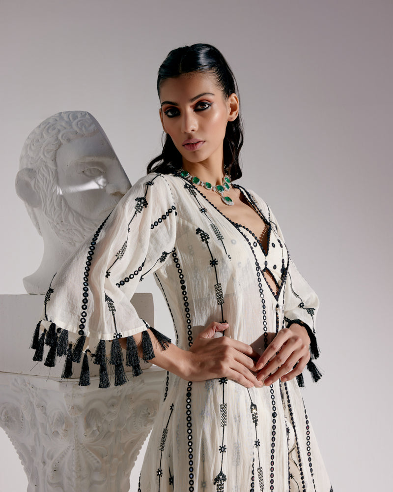 Black & White Criss Cross Bustier with Embroidered Flared Pants and Jacket