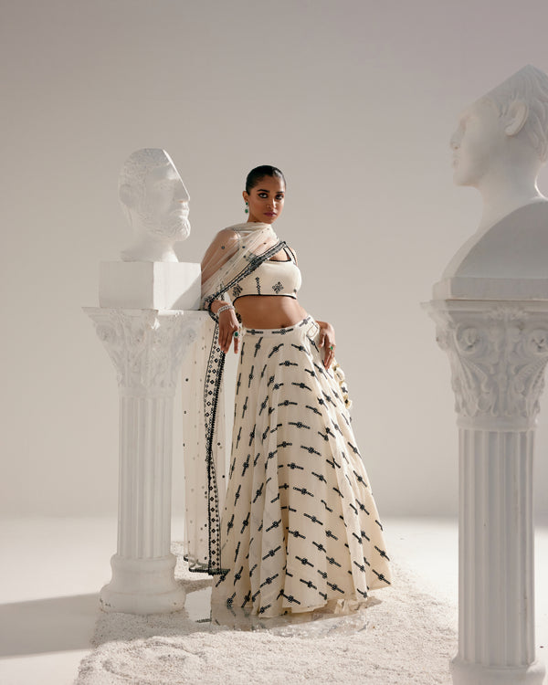 Black & White Center Square Lehenga with Embroidered Dupatta