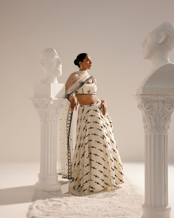 Black & White Center Square Lehenga with Embroidered Dupatta