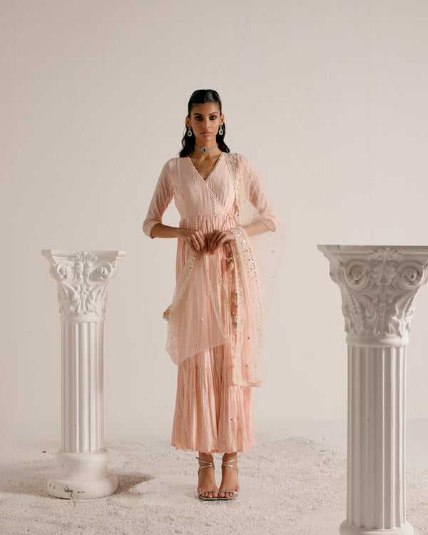 Blush Pink Criss Cross Angrakha with Embroidered Dupatta