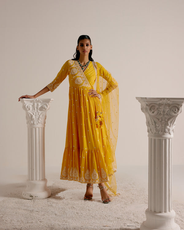 Mango Tower Angrakha With Embroidered Dupatta