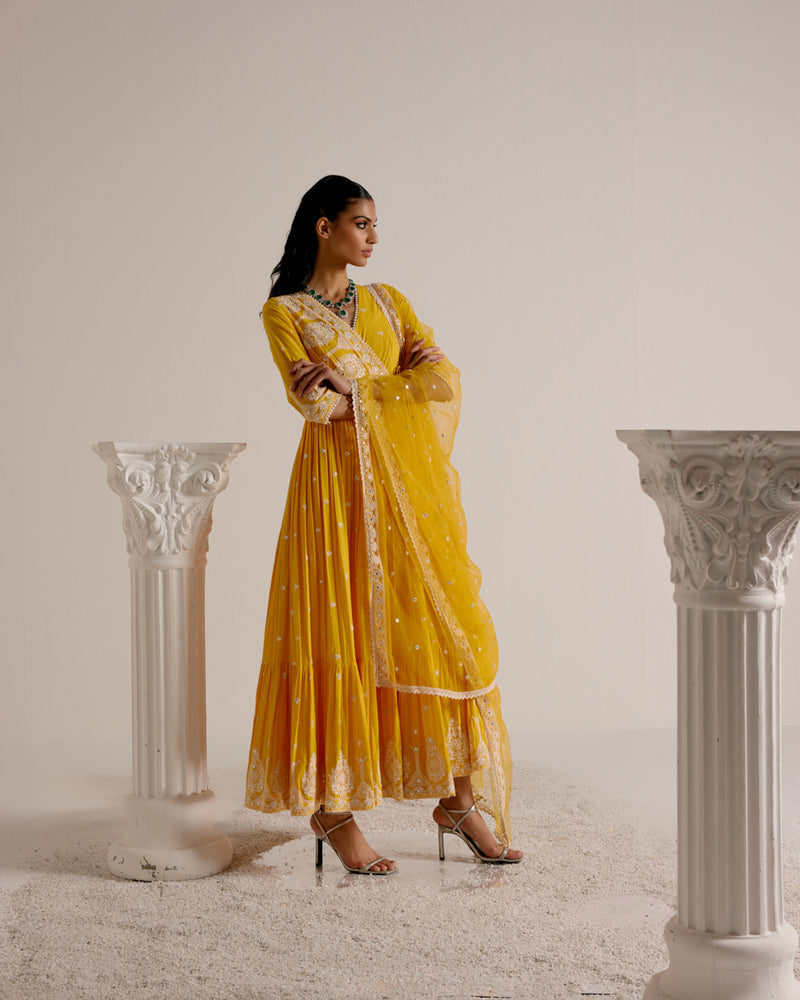 Mango Tower Angrakha With Embroidered Dupatta