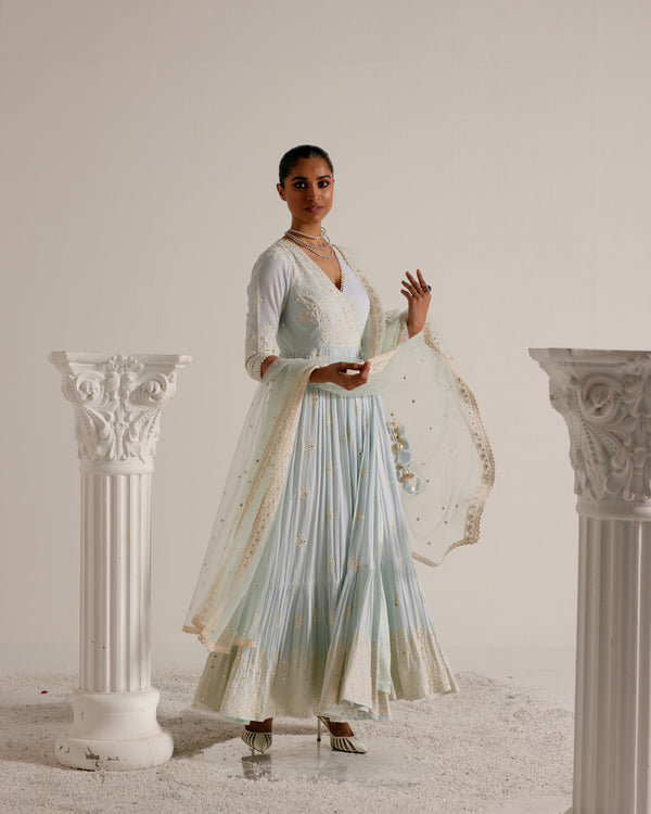Ice Blue Ambi Angrakha With Embroidered Dupatta