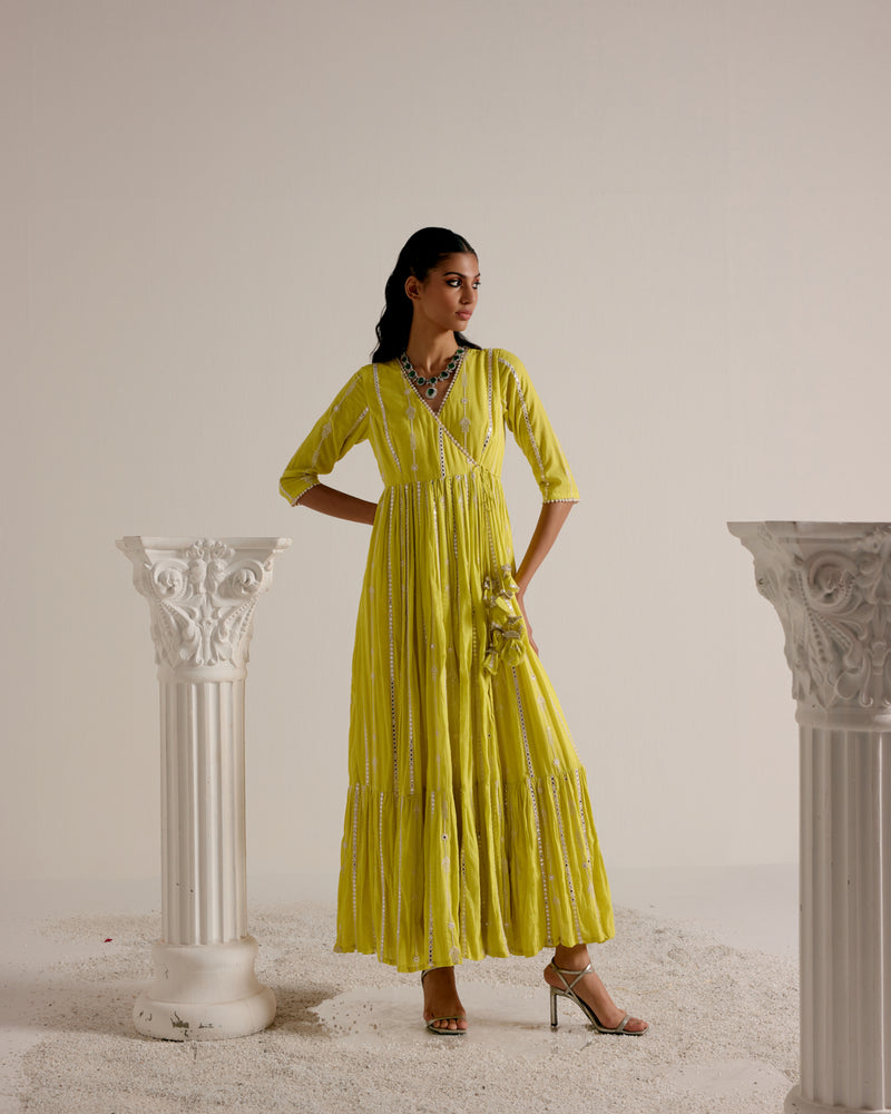 Neon Green Criss Cross Angrakha with Embroidered Dupatta