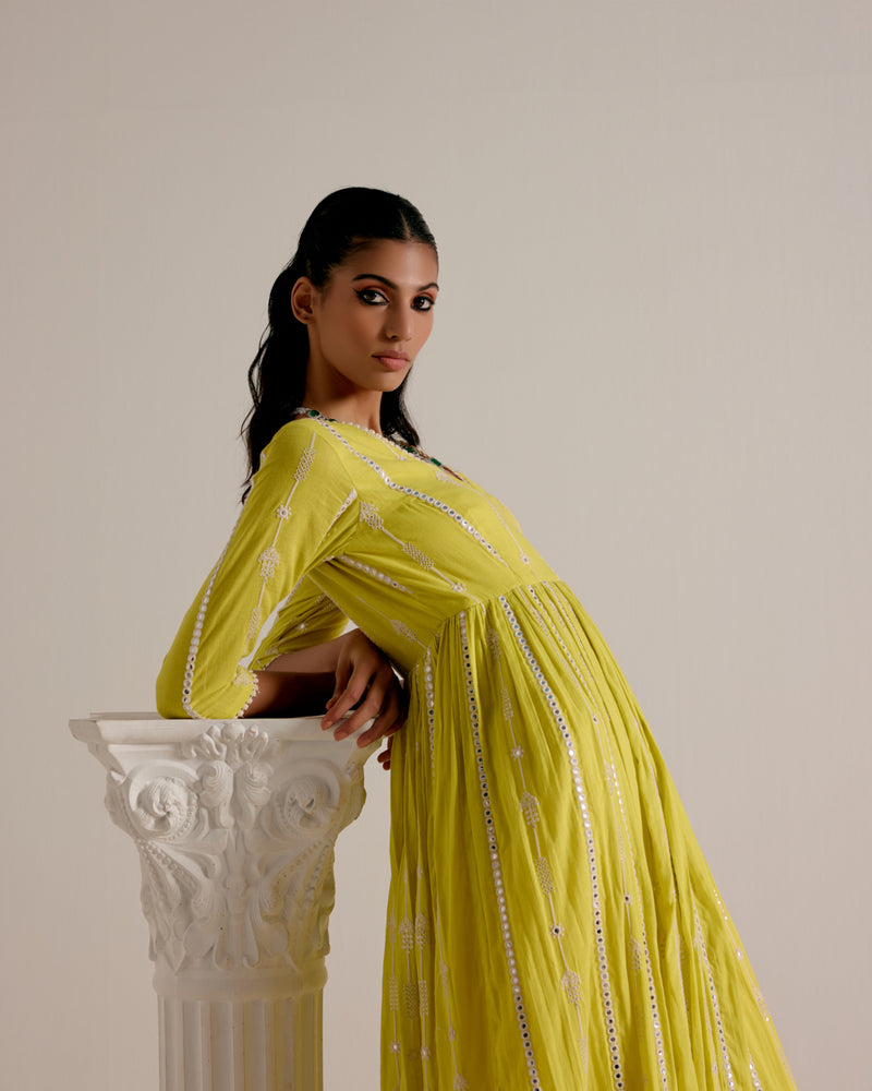 Neon Green Criss Cross Angrakha with Embroidered Dupatta