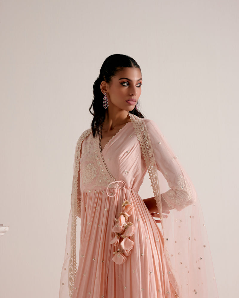 Blush Pink Tower Angrakha With Embroidered Dupatta