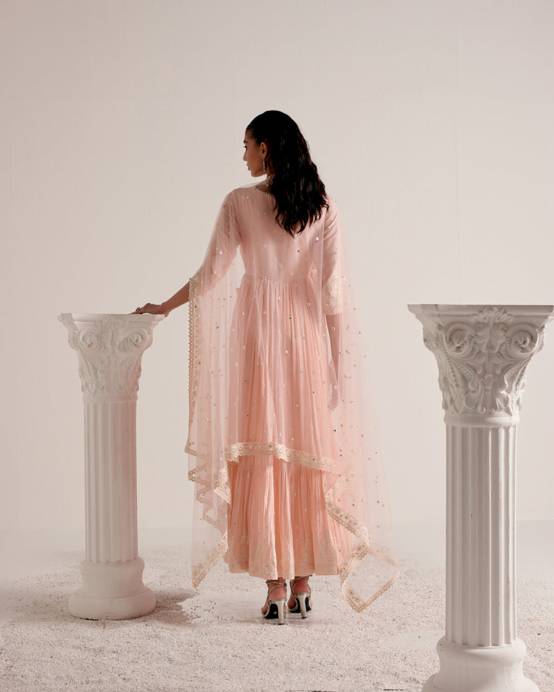 Blush Pink Tower Angrakha With Embroidered Dupatta