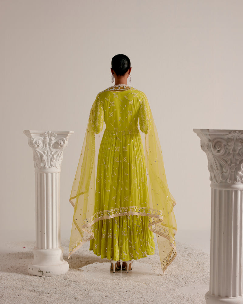 Neon Green SK BK Angrakha With Embroidered Dupatta