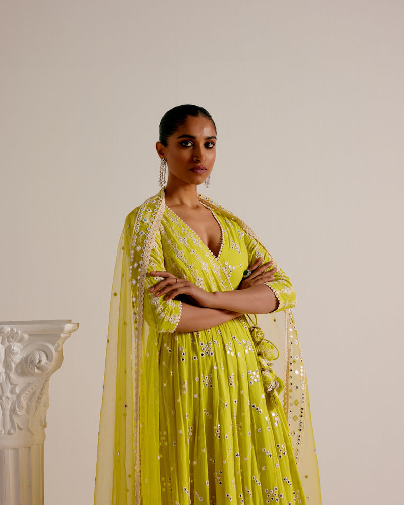 Neon Green SK BK Angrakha With Embroidered Dupatta