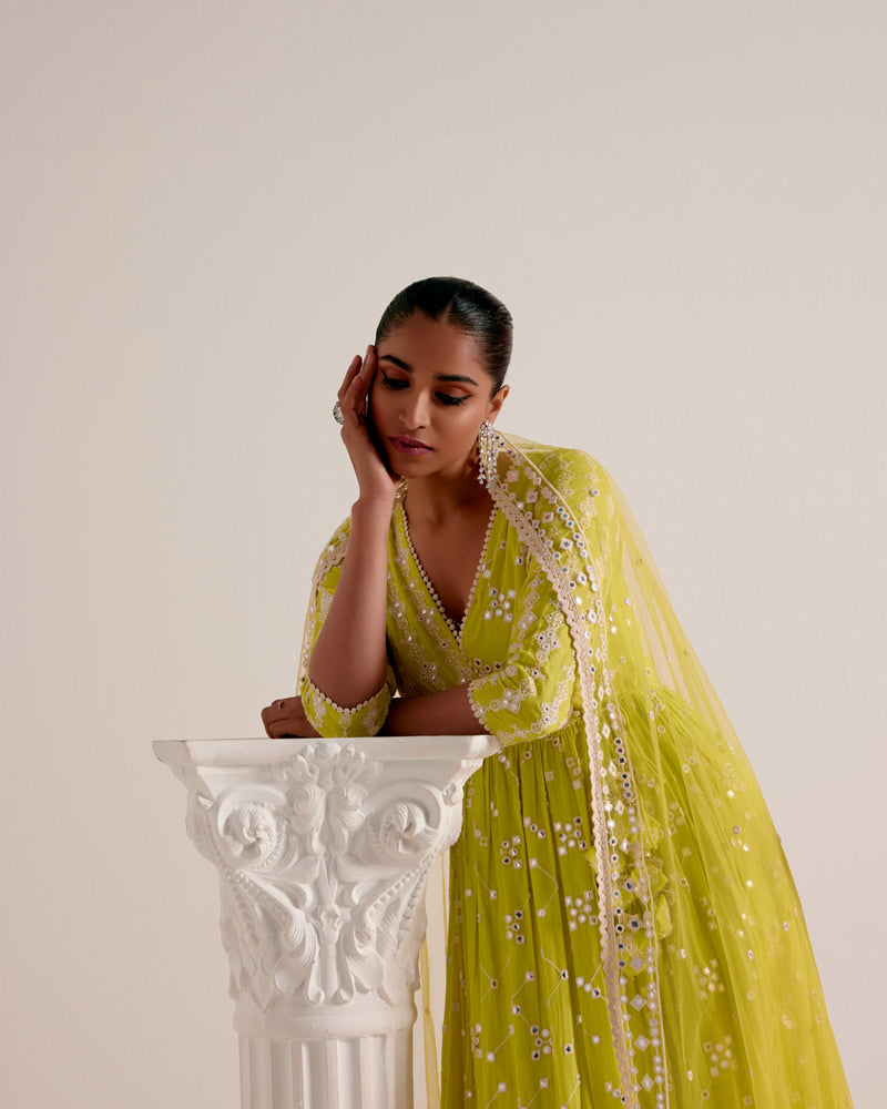 Neon Green SK BK Angrakha With Embroidered Dupatta