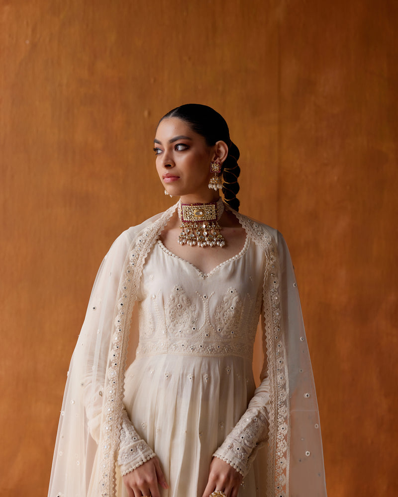 Off White Tower Anarkali With Embroidered Dupatta