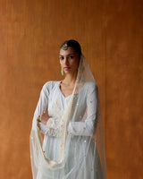 Ice Blue Tower Anarkali With Embroidered Dupatta