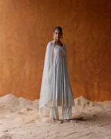 Ice Blue Tower Anarkali With Embroidered Dupatta