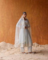 Ice Blue Tower Anarkali With Embroidered Dupatta