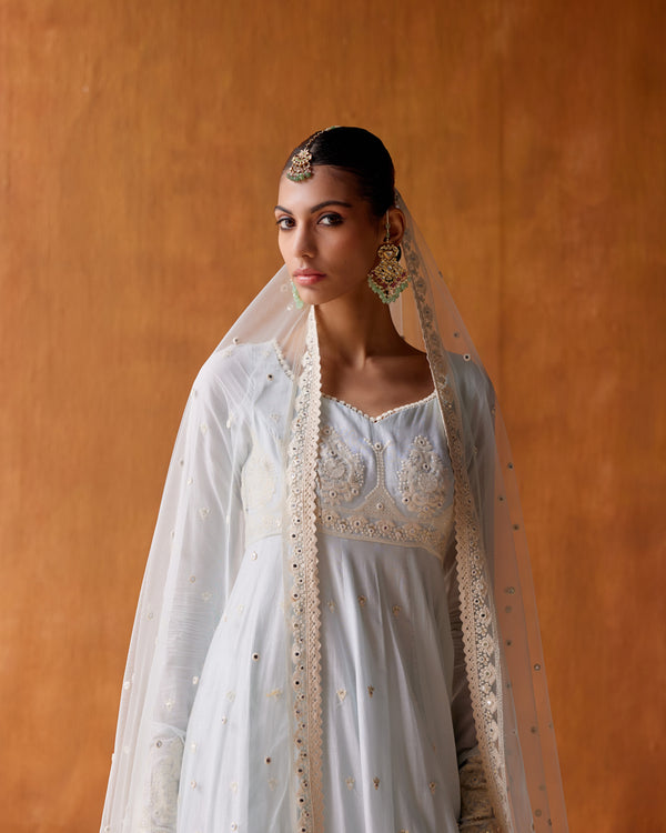 Ice Blue Tower Anarkali With Embroidered Dupatta