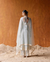 Ice Blue Tower Anarkali With Embroidered Dupatta