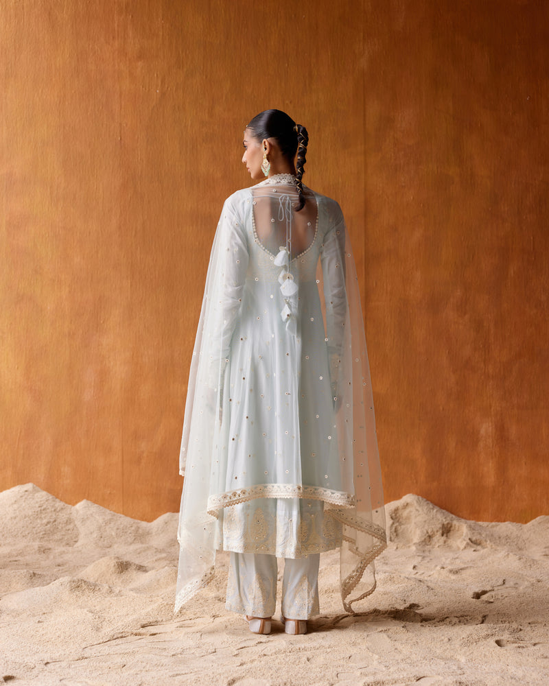 Ice Blue Tower Anarkali With Embroidered Dupatta