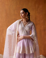 Lavender all-over Embroidered Tower Peplum Sharara with Dupatta
