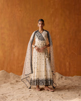 Black & White Lotus Angrakha With Embroidered Dupatta