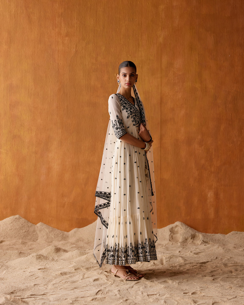 Black & White Lotus Angrakha With Embroidered Dupatta