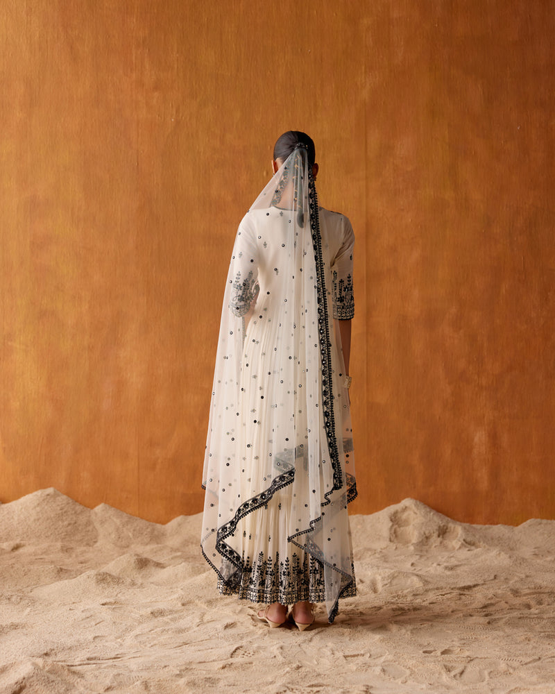 Black & White Lotus Angrakha With Embroidered Dupatta