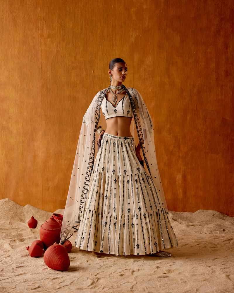 Black & White Criss Cross Lehenga with Embroidered Dupatta