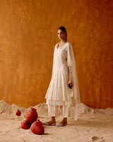 Off White Center Square Anarkali With Embroidered Dupatta