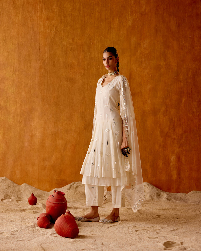 Off White Center Square Anarkali With Embroidered Dupatta