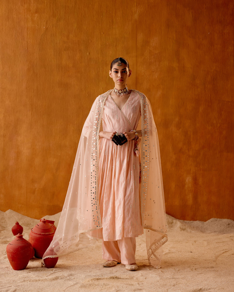 Blush Pink 3 Diamond Angrakha With  Pants and Embroidered Dupatta