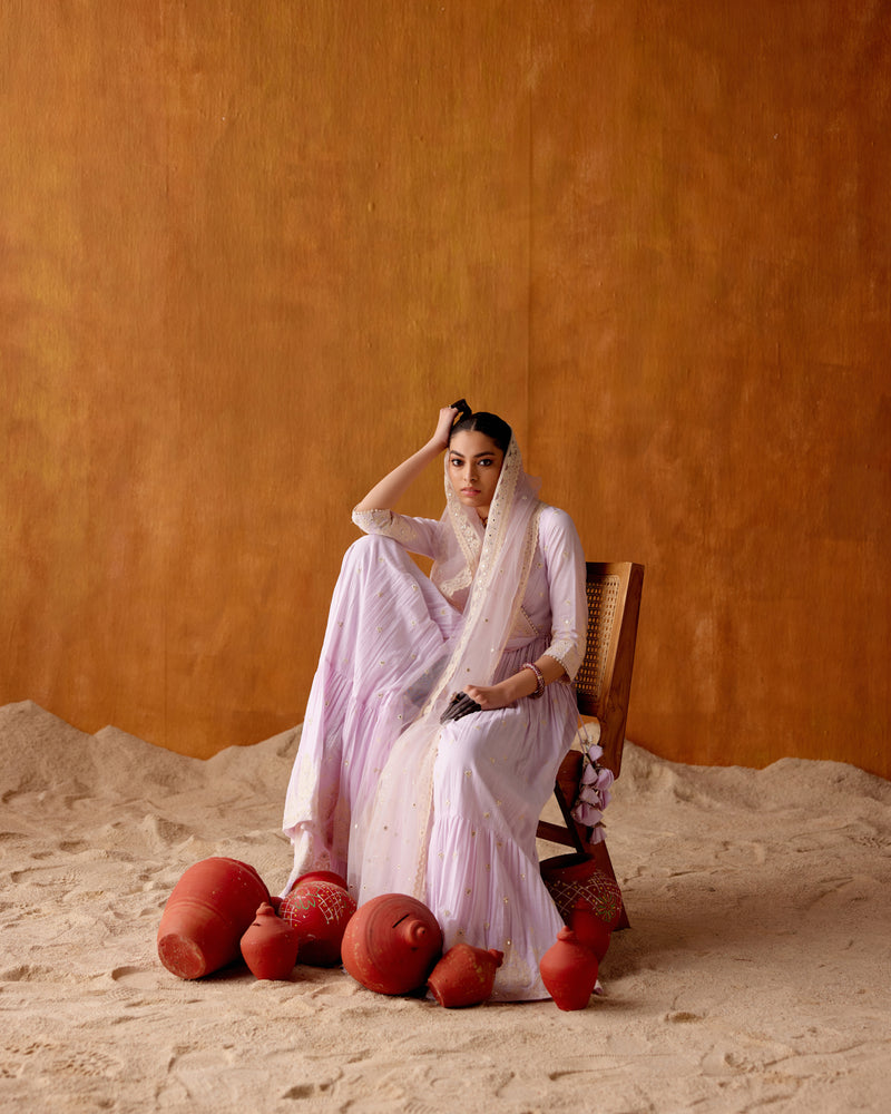 Lavender Tower Angrakha With Embroidered Dupatta