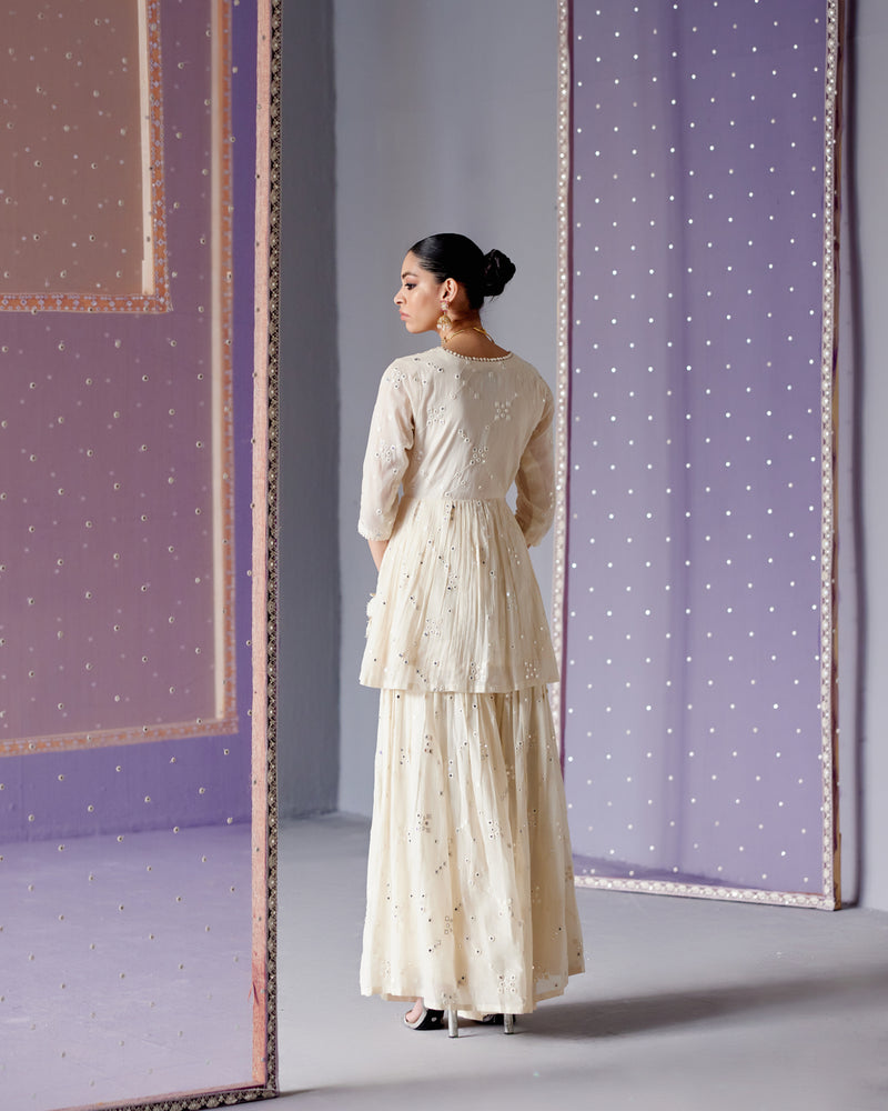 Off-White Big Kite Peplum Sharara with Line Embroidered Dupatta