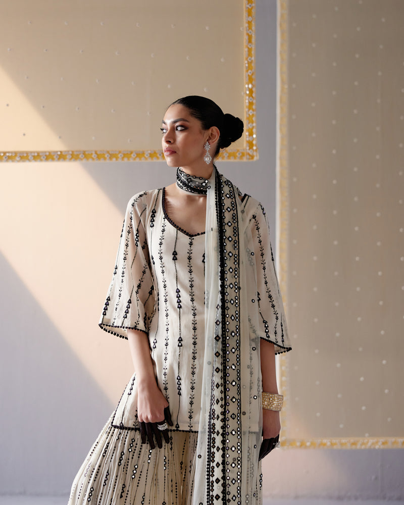 Black & White 2D-3D Bail Straight Sharara with Dupatta