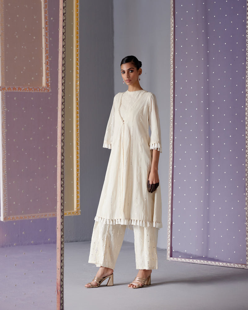 Off White Criss Cross Co-ord Set with Front Open Embroidered Jacket and Tassels