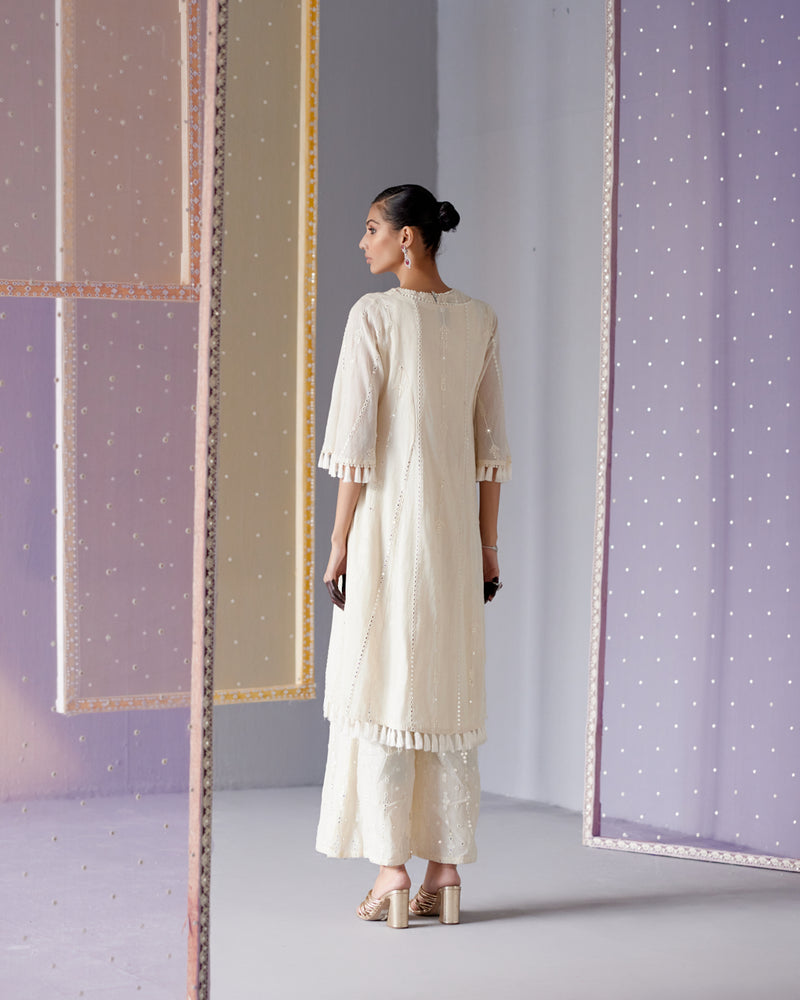 Off White Criss Cross Co-ord Set with Front Open Embroidered Jacket and Tassels