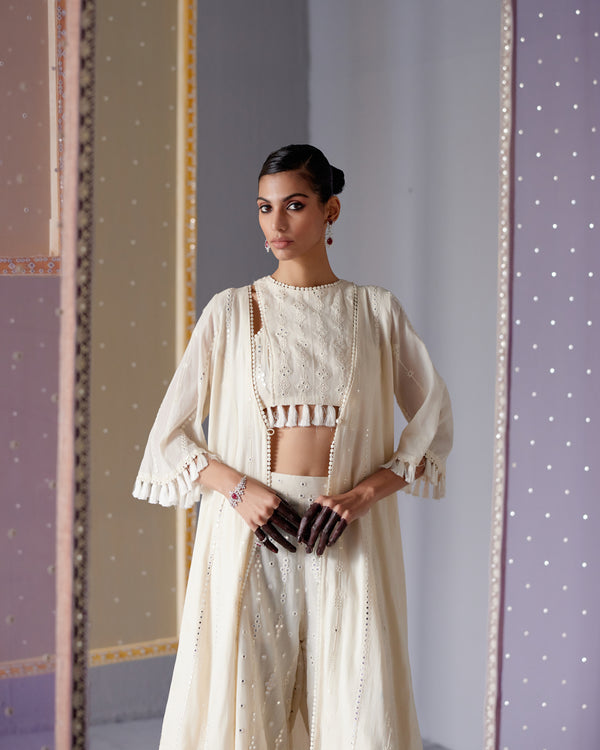 Off White Criss Cross Co-ord Set with Front Open Embroidered Jacket and Tassels