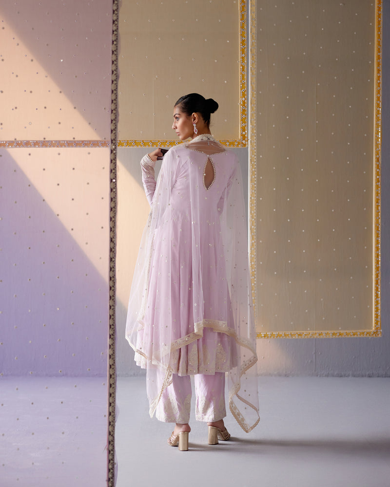 Lavender V Neck Tower Anarkali With Embroidered Dupatta