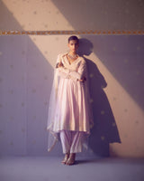 Lavender V Neck Tower Anarkali With Embroidered Dupatta