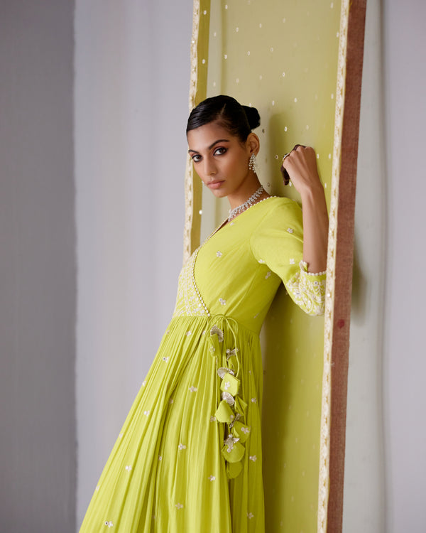 Neon Green Lotus Angrakha With Embroidered Dupatta