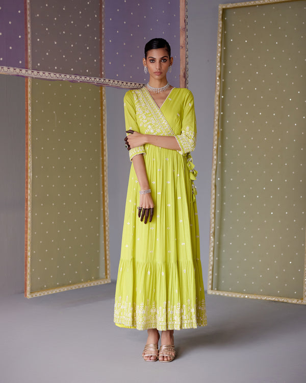 Neon Green Lotus Angrakha With Embroidered Dupatta