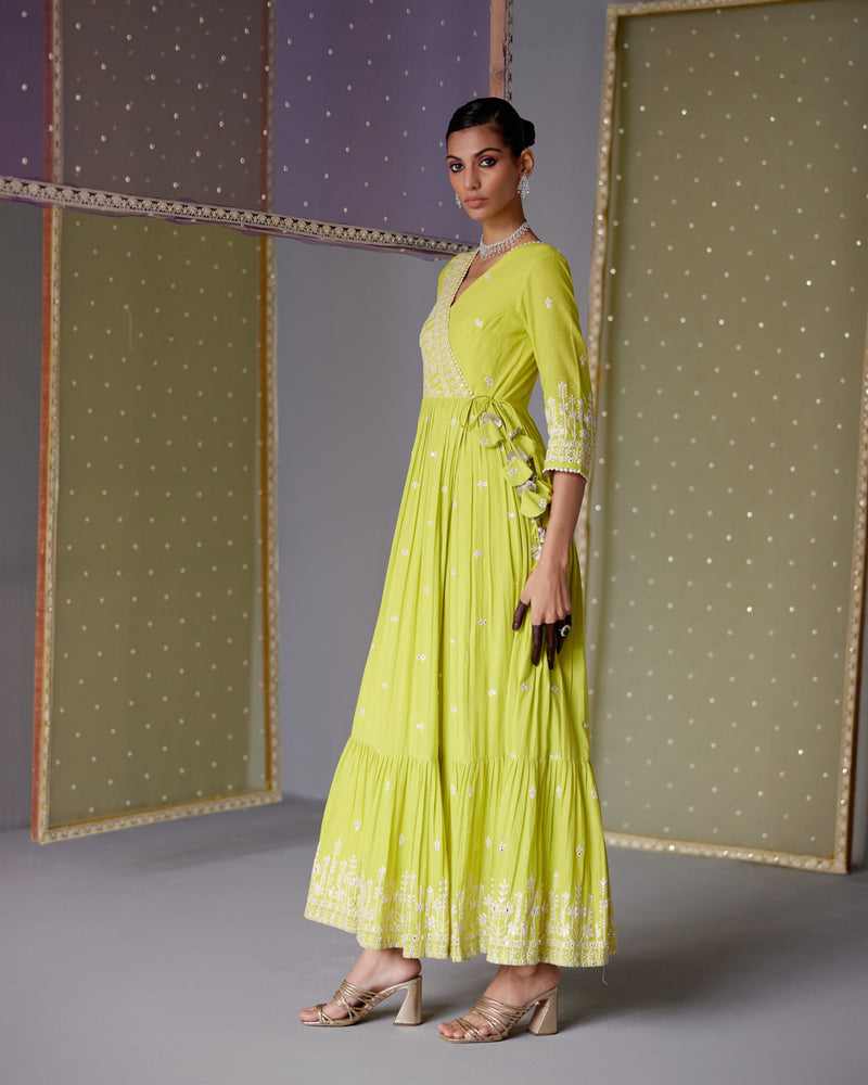 Neon Green Lotus Angrakha With Embroidered Dupatta