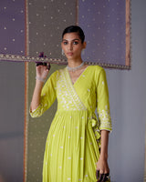 Neon Green Lotus Angrakha With Embroidered Dupatta