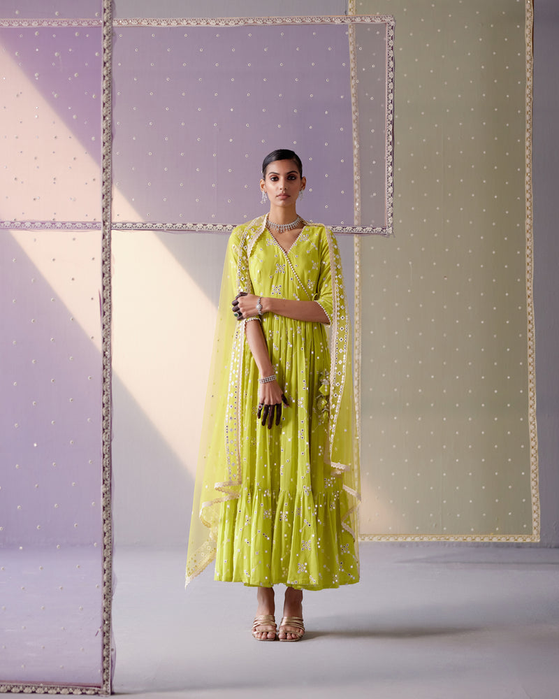 Neon Green Big Kite Angrakha With Embroidered Dupatta