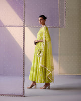 Neon Green Big Kite Angrakha With Embroidered Dupatta